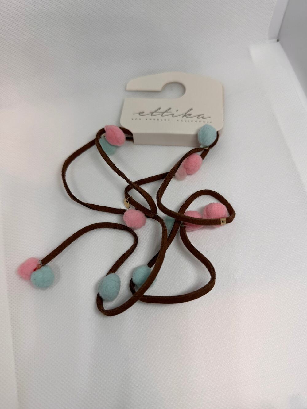NEW ETTIKA REVOLVE Brown Leather Strap Pom-Pom Y-Drop Necklace